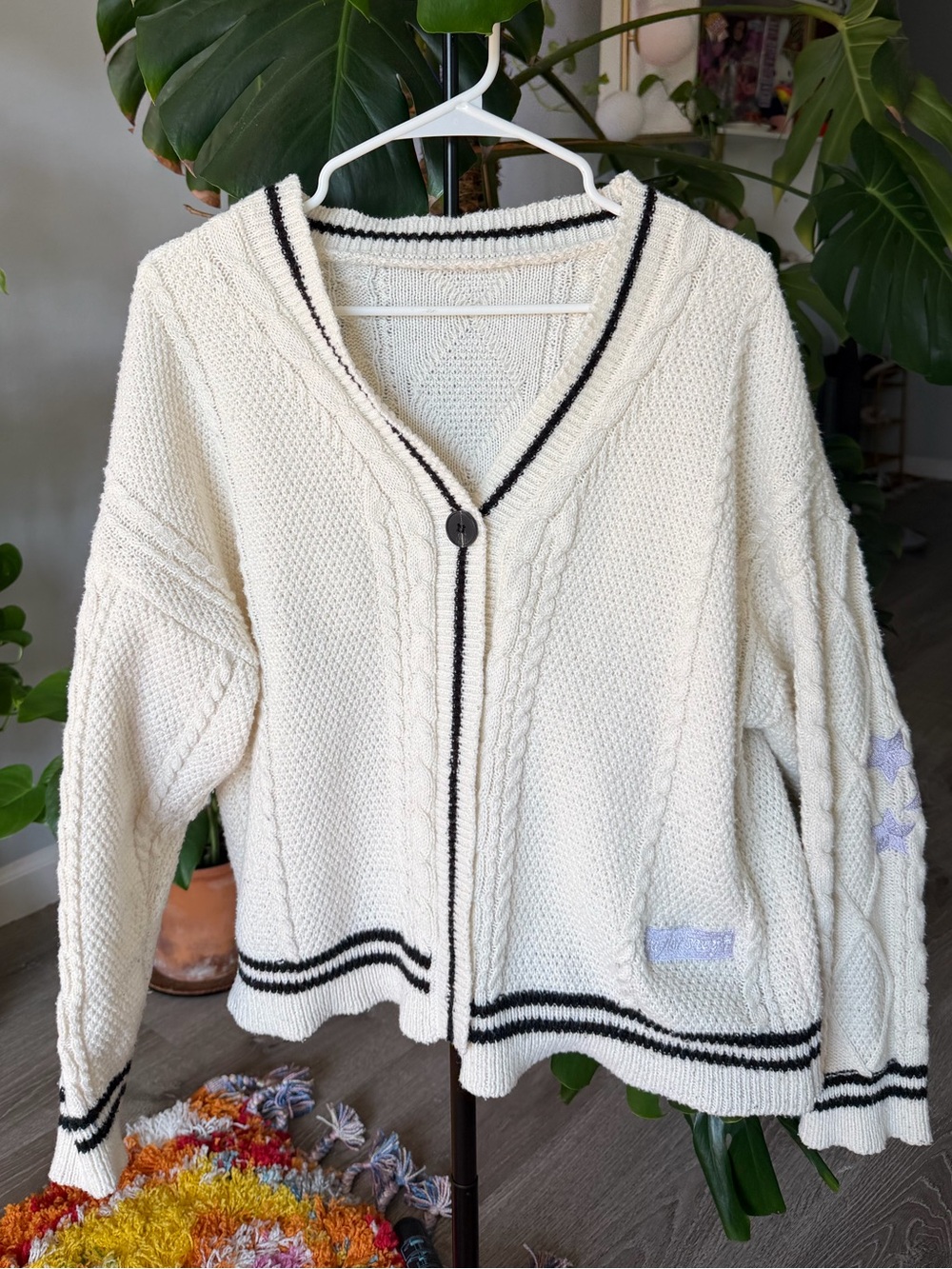 Cozy Ivory Knit Cardigan Sweater with Black Trim
